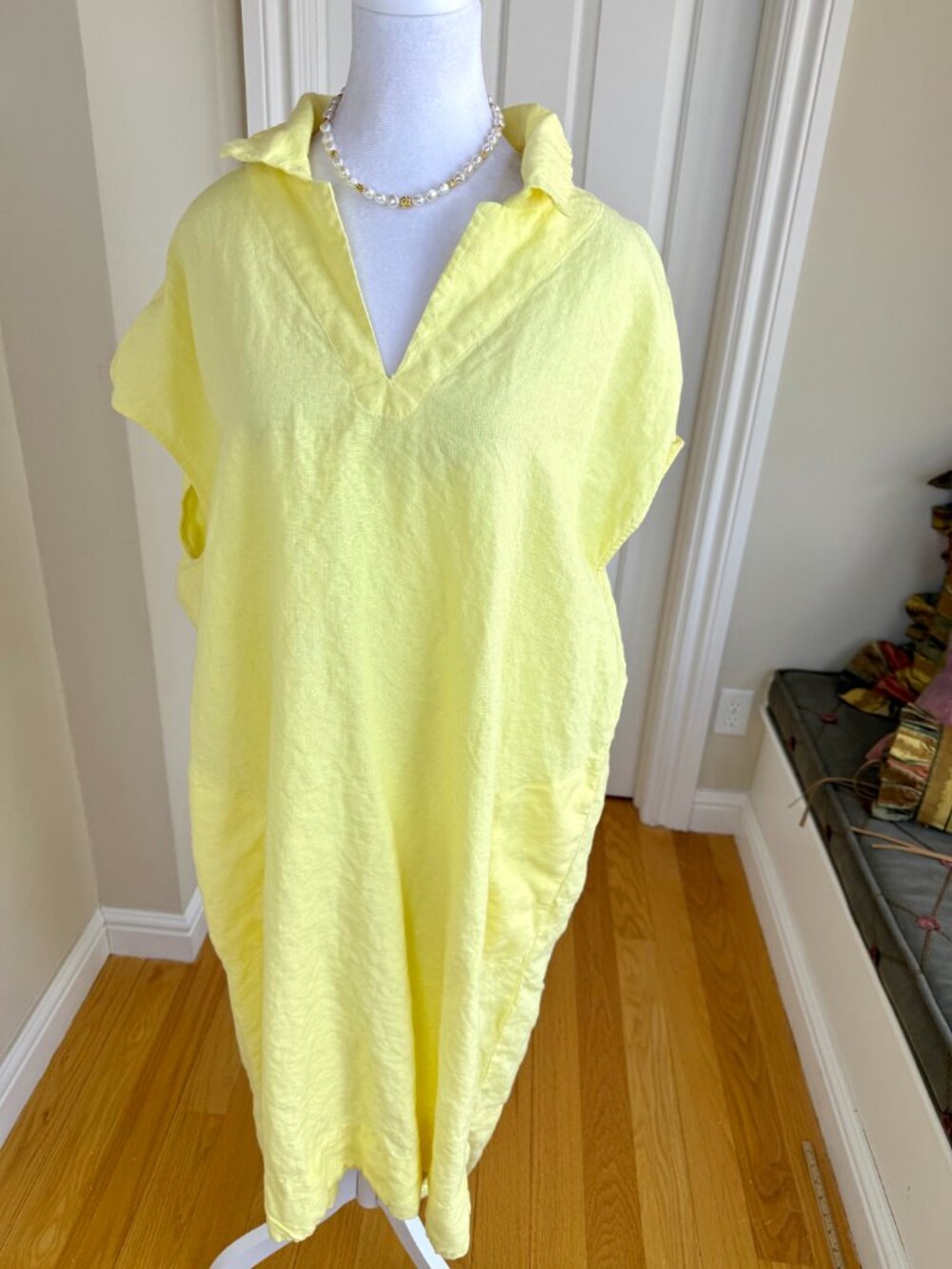 Chico’s Linen Dress Yellow Split Neck Collar Short Sleeves Plus (2X) - Picture 2 of 9